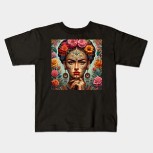 Latina woman folk art, frida kahlo looklike, flowers and tattoo Kids T-Shirt